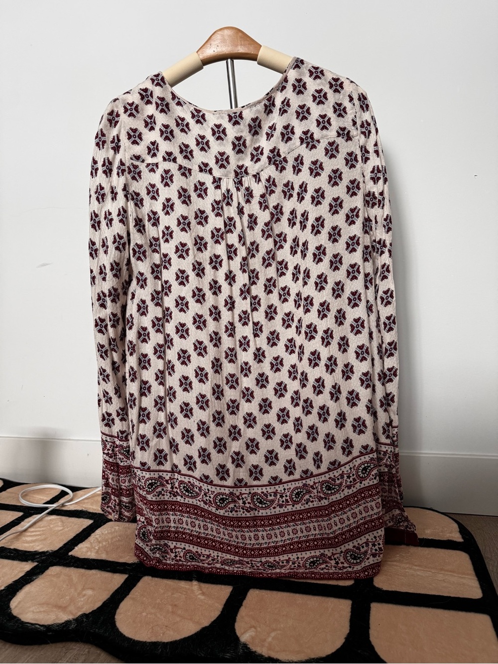 Boho Tassel V-Neck Long Sleeve Blouse in Cream and Burgundy - Picture 5 of 5